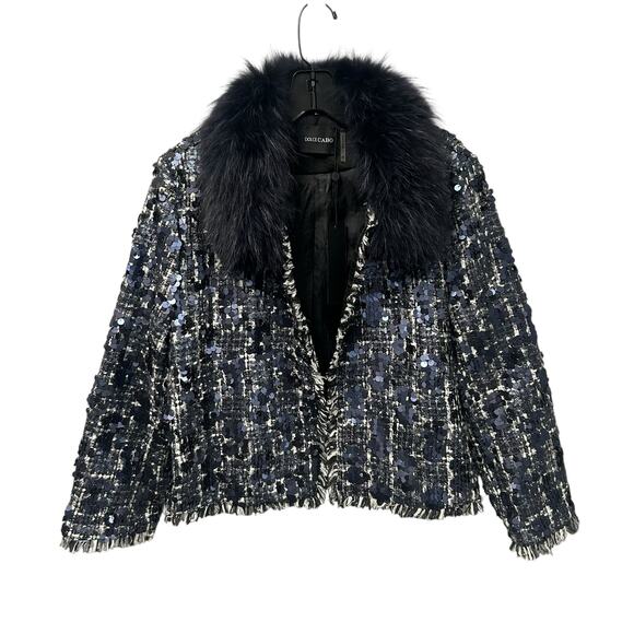 NWT Dolce Cabo Blue Raccoon Fur Removable Collar Sequin Tweed Jacket Womens XL - Picture 2 of 9